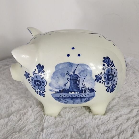 Vtg. Delft Blue Windmill Floral Piggy Bank - Picture 2 of 8
